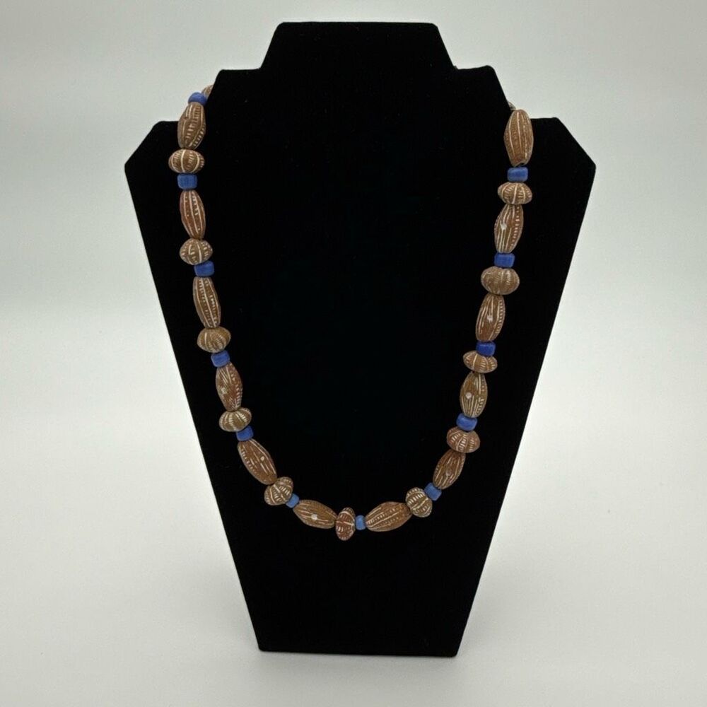 Vintage 24” Hand Carved Brown Bead Necklace Tribal Style Blue Spacer Boho State